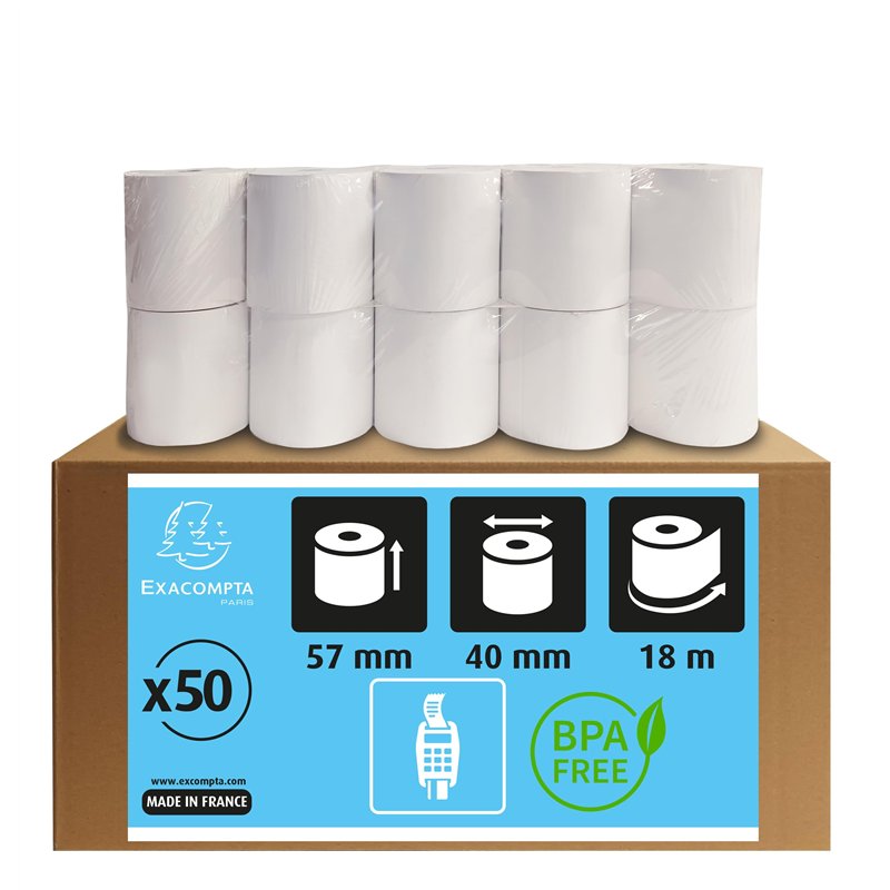 Exacompta - Réf. 40339E - Carton de 50 bobines pour tickets de carte bancaire - largeur 57 mm x diamètre 40 mm - 1 pli thermique