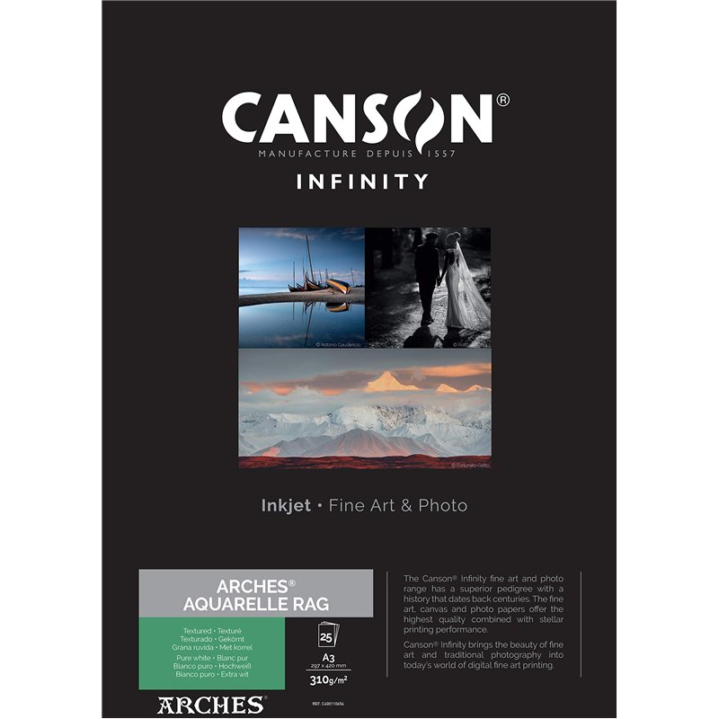 CANSON Infinity ARCHES Aquarelle Rag - Tirage papier Fine Art ARCHES - Boîte de 25 feuilles A3 - Grain texturé - Blanc pur - 310