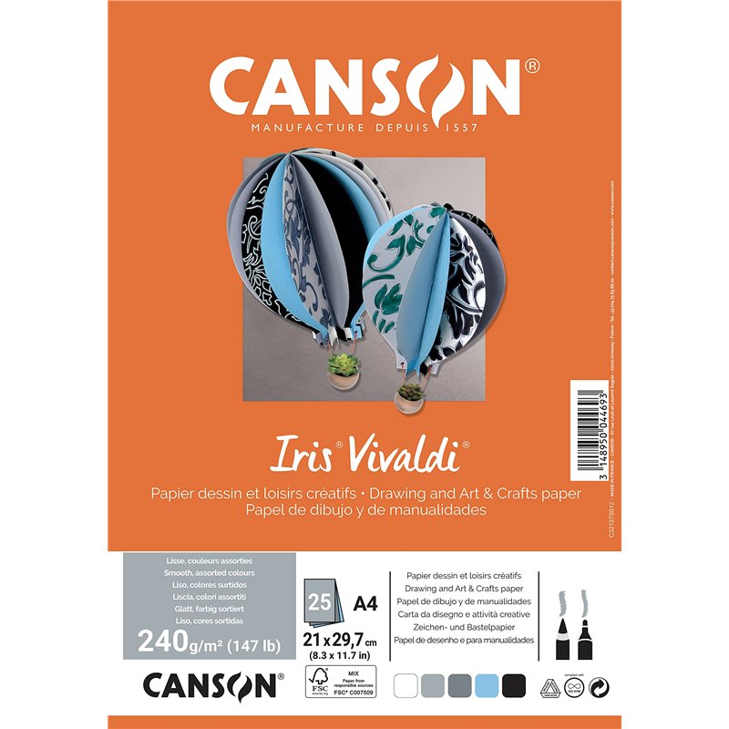 CANSON Iris Vivaldi - Paquet 25 feuilles de papier couleur A4 - 240g/m² - Assortiment de gris
