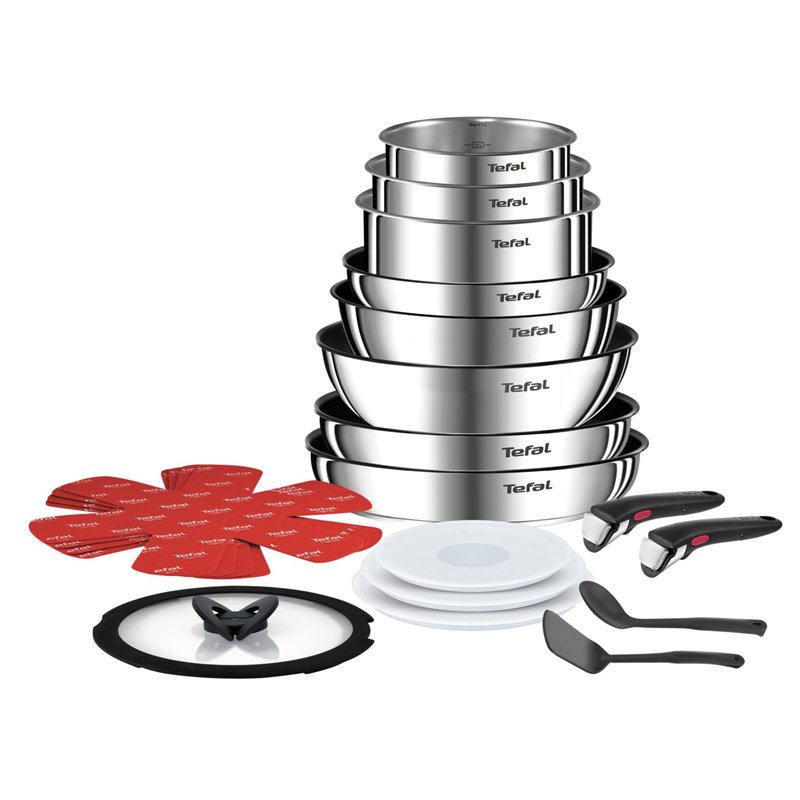 Tefal Ingenio Batterie cuisine 20 pcs, Poêles, Casseroles, Wok, Sauteuse, Couvercles, Poignées amovibles, Induction, Acier inoxy