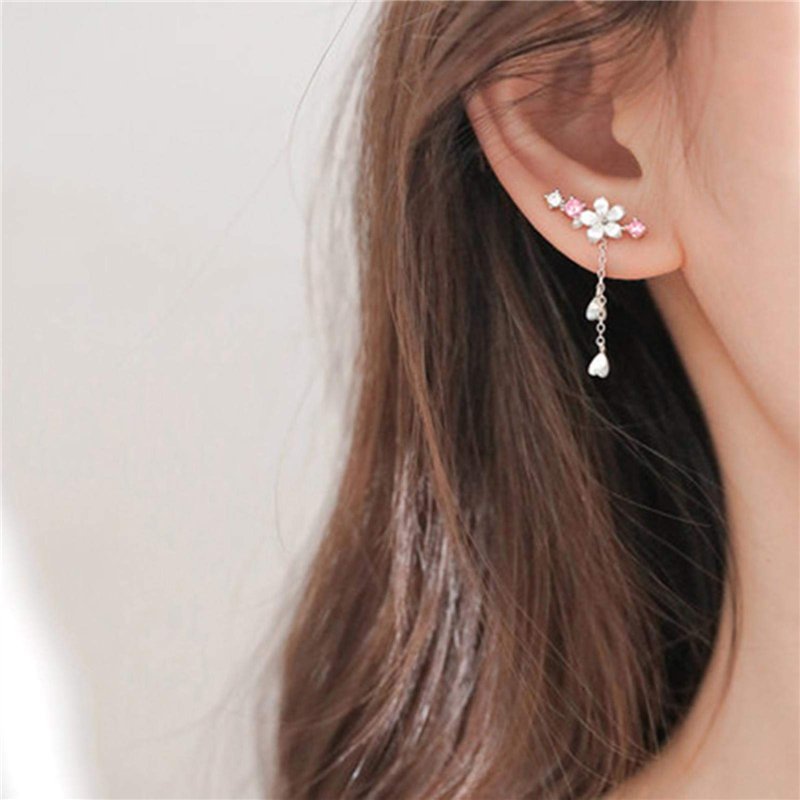 Image secondaire de Couleur Argent Mode Fleur Fleurs de Cerisier Conception Dame Femmes Boucles d'oreilles Goutte Bijoux Cadeau