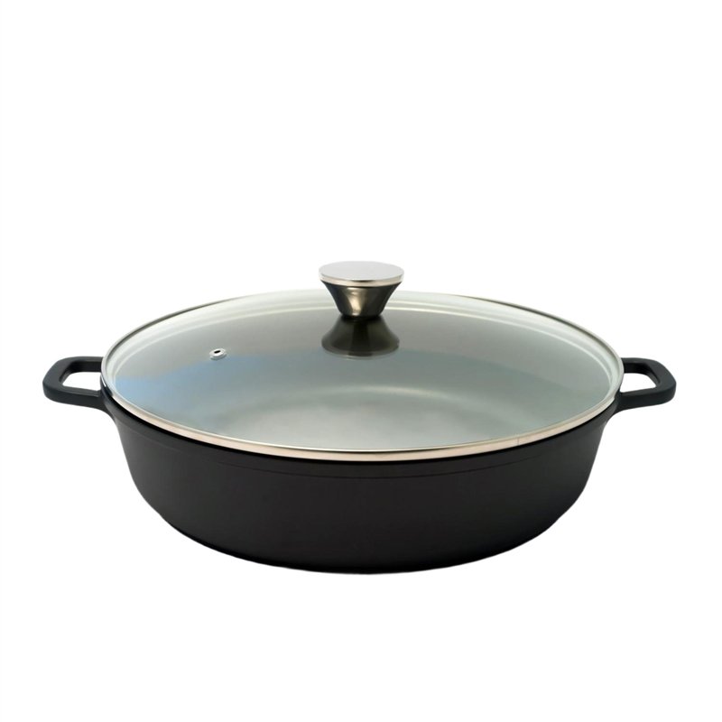 Baumalu, Mijoteuse Basse 36 cm en Fonte d'Aluminium avec Couvercle en Verre, Revêtement Anti-Adhérent 2 Couches XYLAN PLUS, Exté
