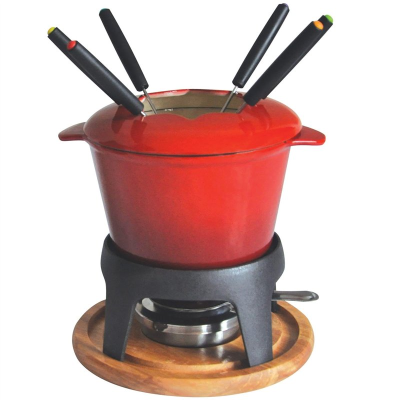 Baumalu 385050 Service à Fondue Fonte Rouge Dégradé avec Plateau en Bois, Unique