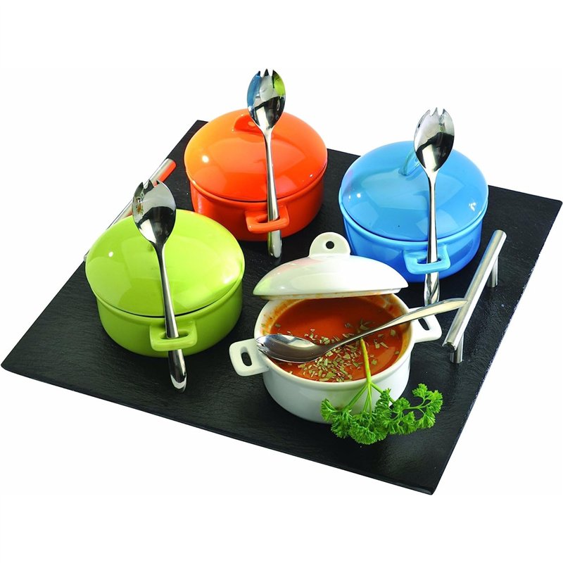 Lebrun Couverts – Service Mini Cocottes 9 Pièces – 4 Mini Cocottes – 4 Cuillères Mixtes – Plateau Ardoise + Poignées en Métal – 