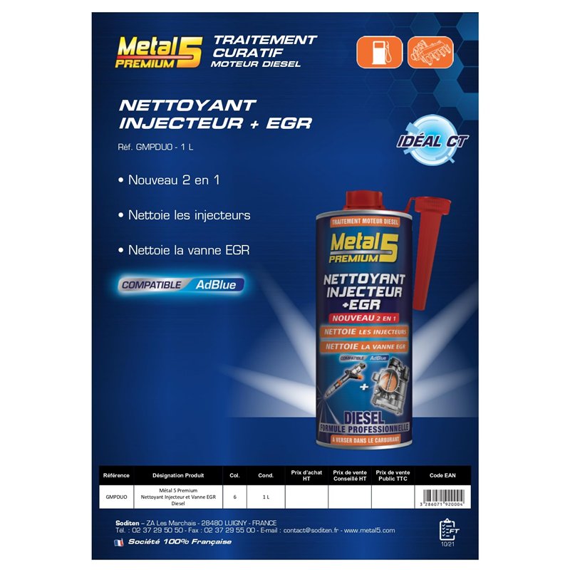 Image secondaire de Nettoyant Injecteur + EGR Diesel - 1L - Metal 5 Premium - Nettoie et Élimine les dépôts dans l’ensemble du système d’Alimentation