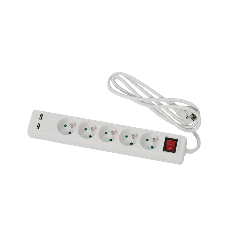 Bloc Multiprises 5 Prises 2P+T 16A 250V + 2 Prises USB Blanc avec Interrupteur - 1, 5M de Câble H05VVF 3G1