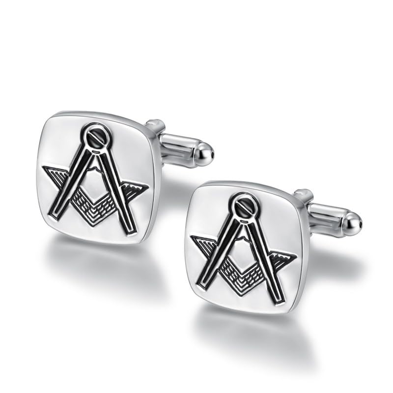 BOBIJOO JEWELRY - Boutons de Manchette Loge Forme Carrée 17mm Franc-Maçon Equerre Compas Gravure