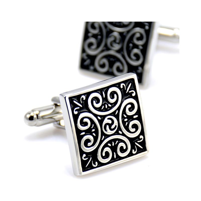 BOBIJOO JEWELRY - Boutons de Manchette Tribal Celte Fleur de Lys Triskel Carré Noir Argenté