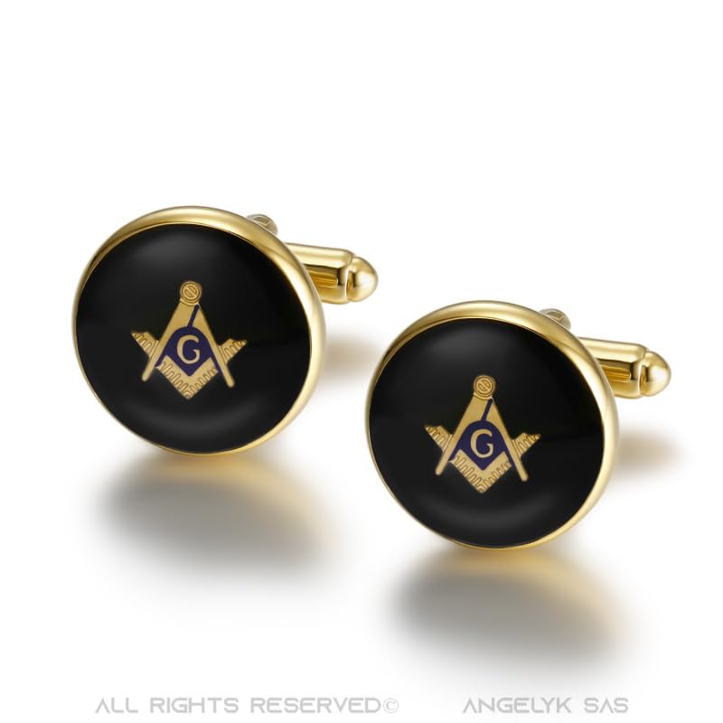 Image secondaire de BOBIJOO JEWELRY - Boutons de Manchette Franc-Maçonnerie Rond Or Noir Email Symboles Equerre Compas G 18mm