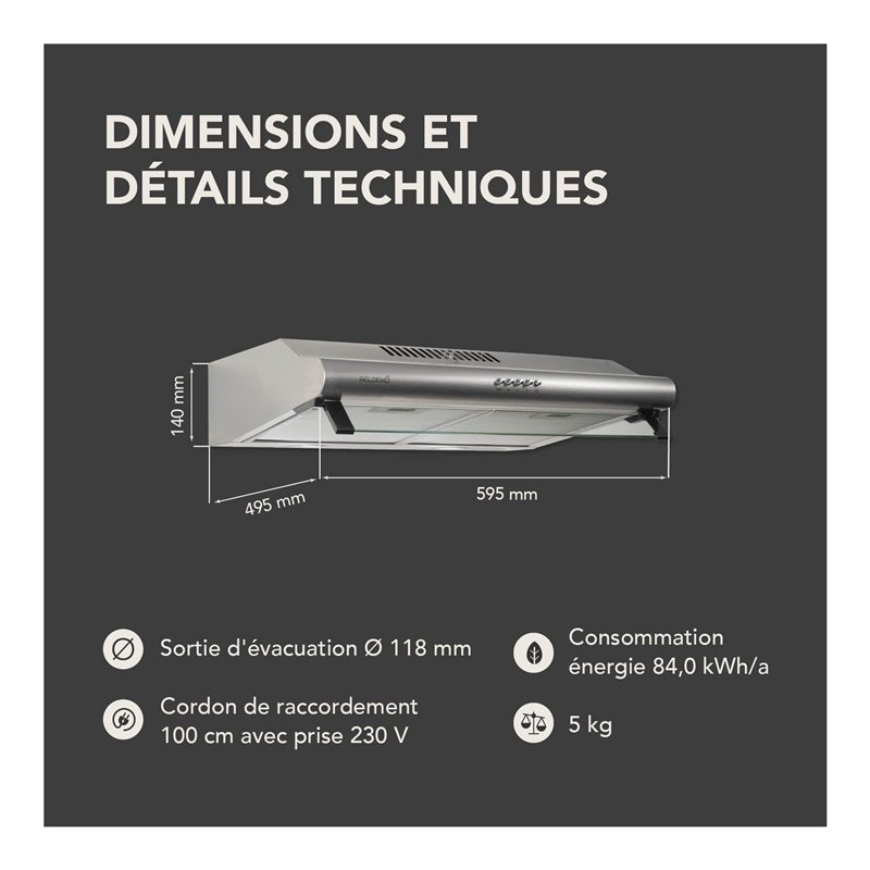 Image secondaire de BELDEKO - Hotte Casquette/Visière 60 cm INOX 240 m3/h 2 Filtres à charbon