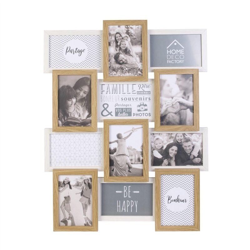 HOME DECO FACTORY - HD4218 - Cadre Photo Multiple Pele-Mele 12 Vues Bois et Blanc, Souvenir, Décoration Maison, 44 x 3 x 58 cm,