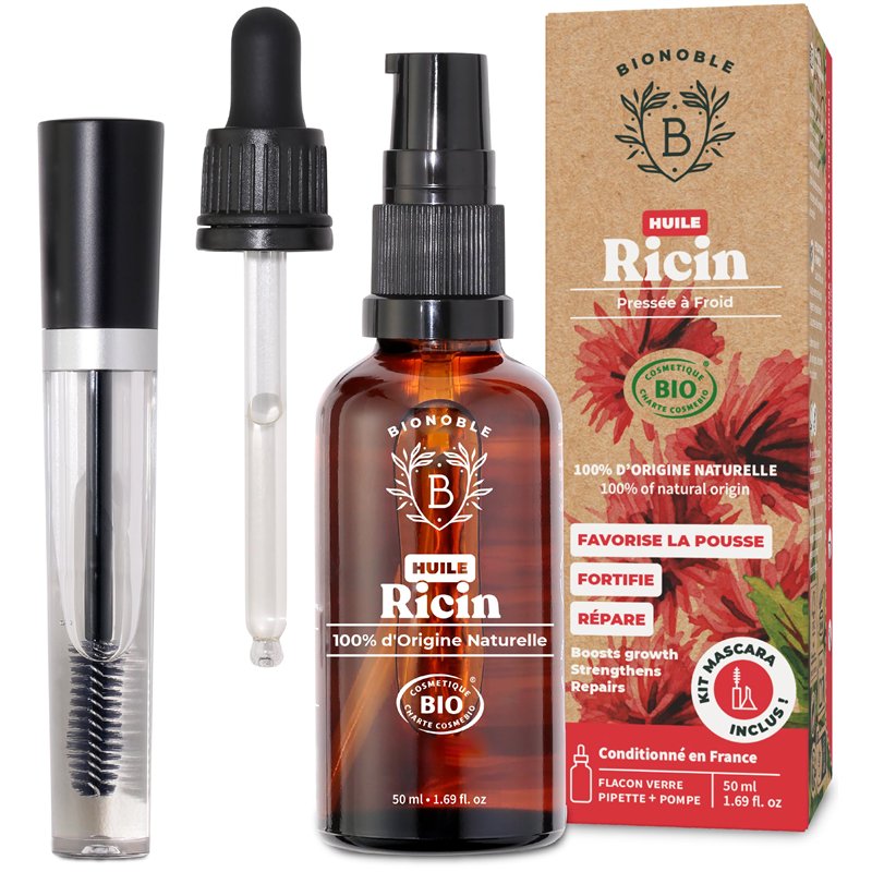 Bionoble Huile de Ricin Bio 50ml + Kit Mascara, Pipette et Pompe - Bouteille en Verre - 100% Pure, Naturelle, Pressée à Froid -