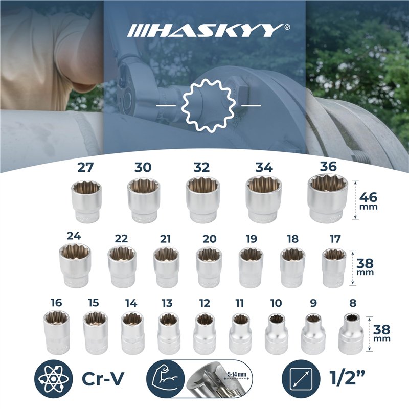 Image secondaire de HASKYY 21PCS I 8-36 I Ensemble Jeu de douilles multiple I Tournevis 12 pans embouts de cle a douille 1/2