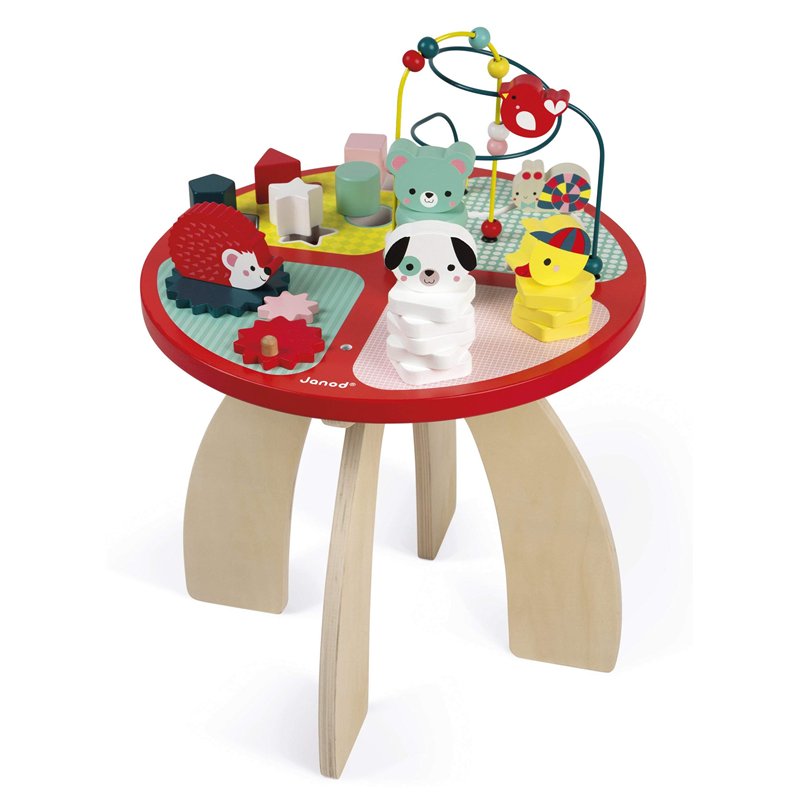 Janod - Table d'activités en Bois Baby Forest - Grand Jouet d'Éveil pour Encastrer, Empiler, Manipuler - Avec Labyrinthe, Boulie