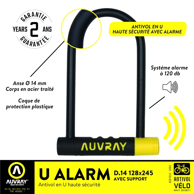 Image secondaire de AUVRAY - Antivol vélo avec alarme - U ALARME 128X245 D.14-3 CLES - Résistance exceptionnelle - Coque de protection en plastique