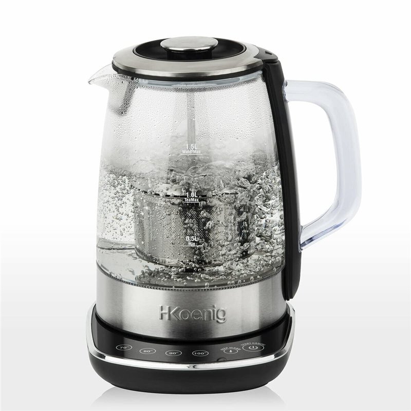 H.Koenig Théière Bouilloire Instant T électrique en Verre 1.5L TI600 avec Infuseur filtre à Thé Inox 2200W Compacte, Ebullition