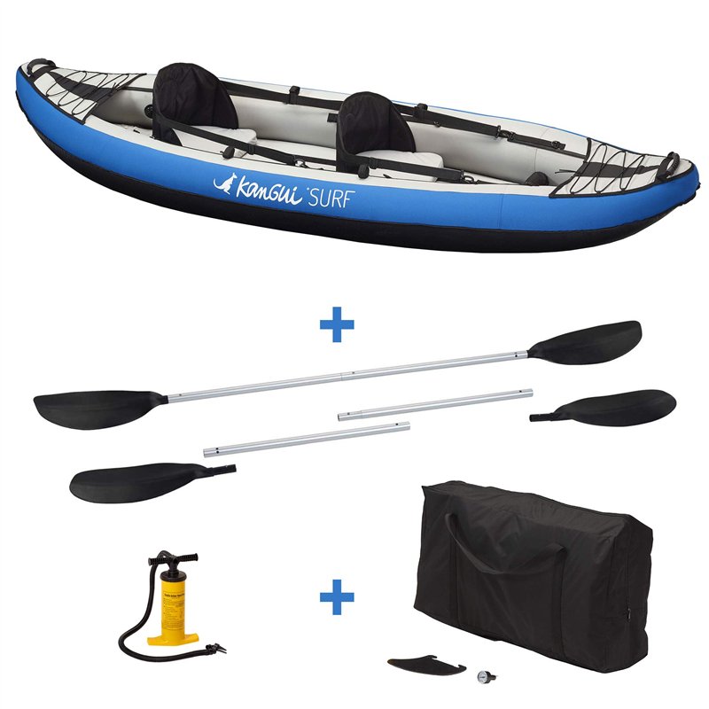 Kangui Canoë Kayak Gonflable Bleu 1 à 2 Places + pagaie + Sac Transport + Pompe Double Action+ kit de réparation