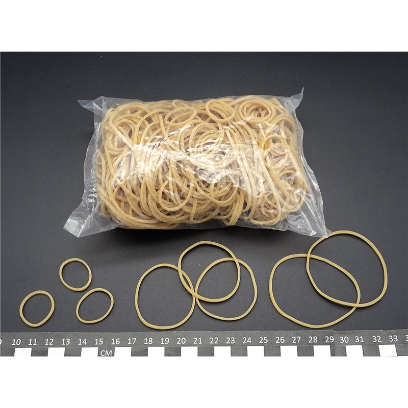 Image secondaire de Progom - Elastiques caoutchouc - blond - tailles assorties - longueur à plat : 30mm, 60mm, 80mm - largeur : 1.7mm - sachet 100gr