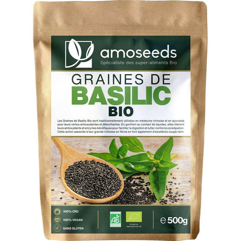 Graines de Basilic Bio 500G | Exclusivité Française | Satiété, Digestion, Détox, Peau | Similaires aux Graines de Chia | Qualité