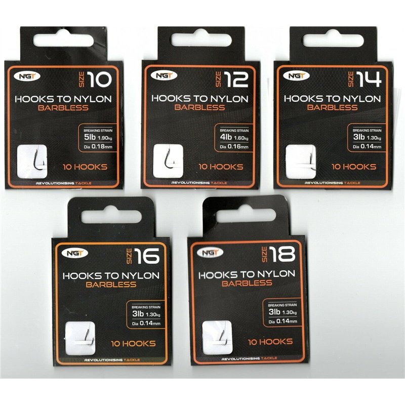 NGT Lot de 50 hameçons sans ardillon en nylon de taille 10, 12, 14, 16 et 18