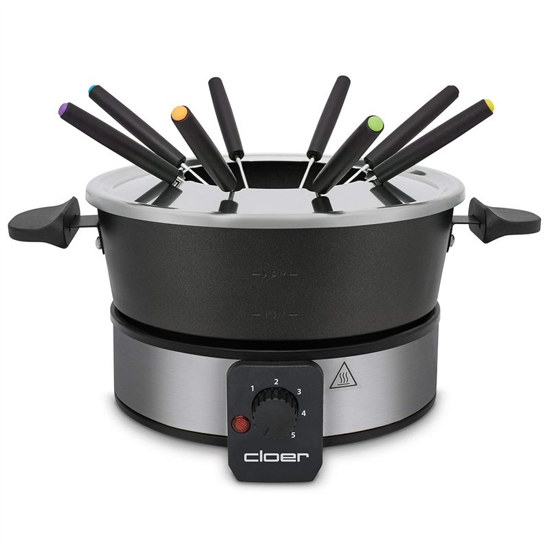 Cloer 6679 Fondues électriques jusqu'à 8 Personnes, Pot en Aluminium revêtu, Protection Anti-éclaboussures Amovible, 8 fourchet