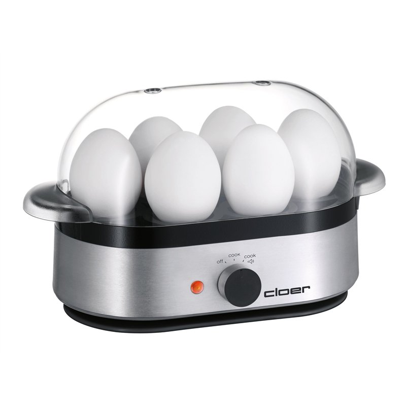 Cloer 6099 Cuiseur à Œufs avec message acoustique prêt, pour jusqu‘a 6 oeufs, inserts pour œufs pochés, 400 W, Boîtier en matière aluminium