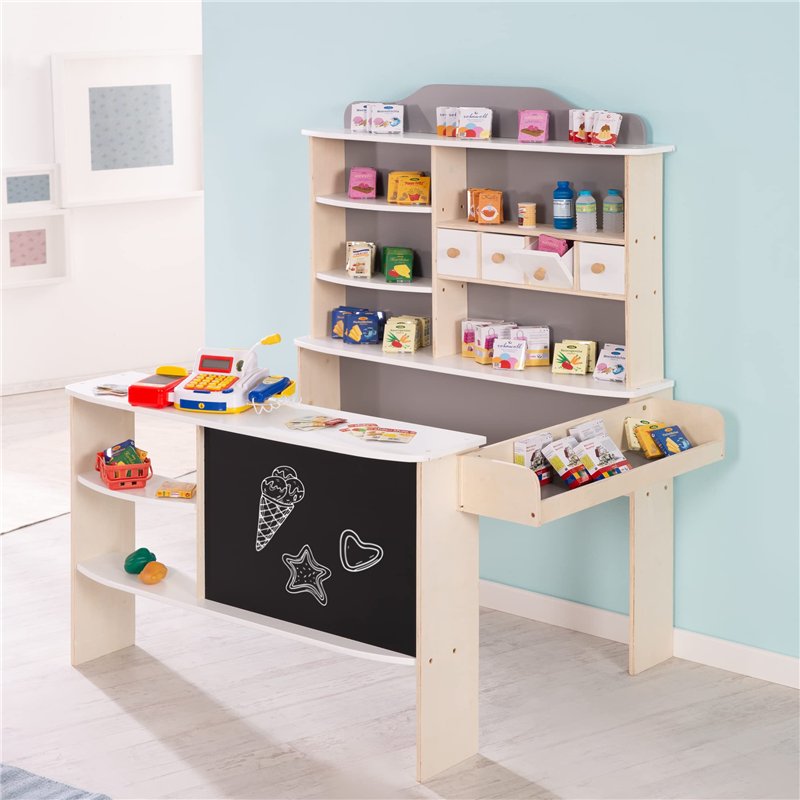 Image secondaire de roba Marchande Enfant en Bois pour Garçons et Filles de 3 Ans et plus - 6 Compartiments 4 Tiroirs et 2 Étagères - Inclus Tableau