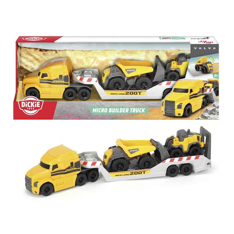 Dickie Toys Camion Volvo Mack avec 2 véhicules Volvo sur remorque, camion-benne et chargeur sur roue, remorque à découpler, pièce