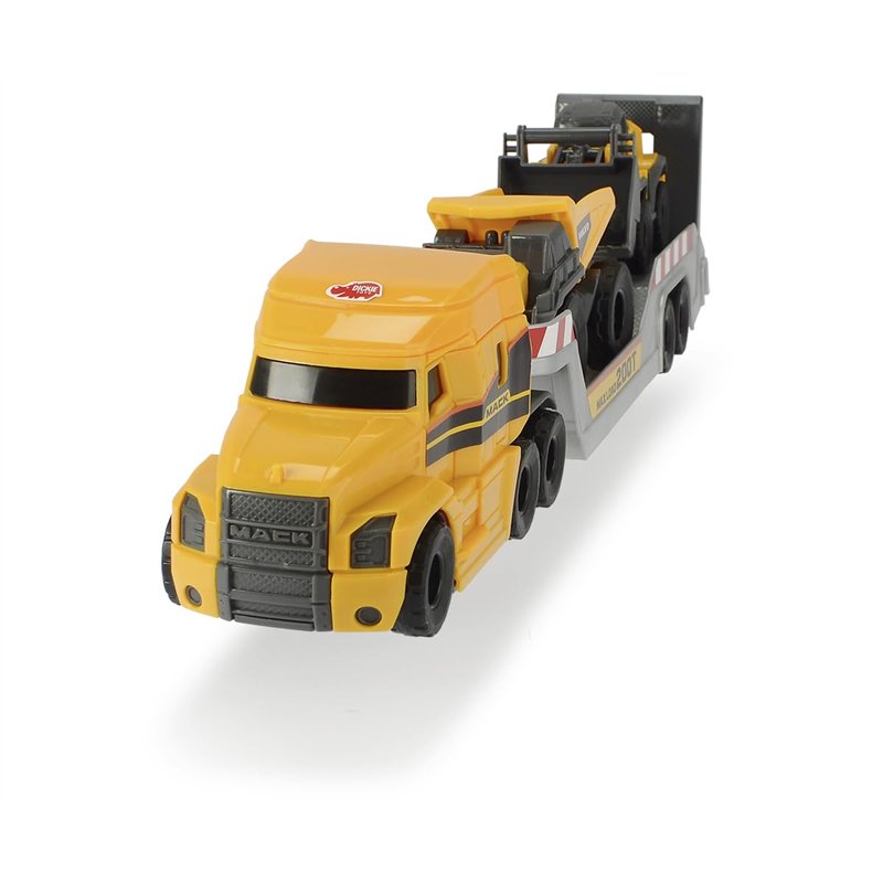 Image secondaire de Dickie Toys Camion Volvo Mack avec 2 véhicules Volvo sur remorque, camion-benne et chargeur sur roue, remorque à découpler, pièce