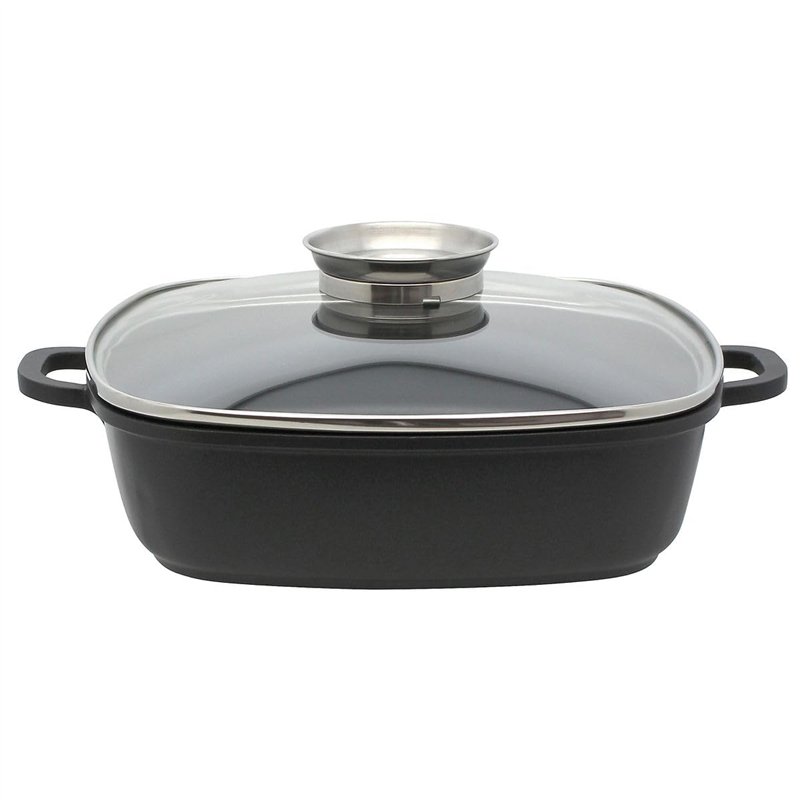 Elo 8668026 Mijoteuse carrée avec couvercle en verre 28 cm, Faitout, Plat de service, Cocotte en fonte, Convient à tous types de