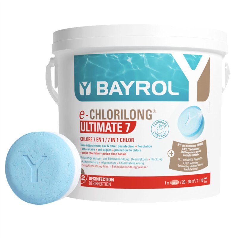 BAYROL e-Chlorilong ULTIMATE7 4,8 kg - Galets de Chlore 300 g bi-Phases avec 7 Fonctions - Désinfection complète et régulière du