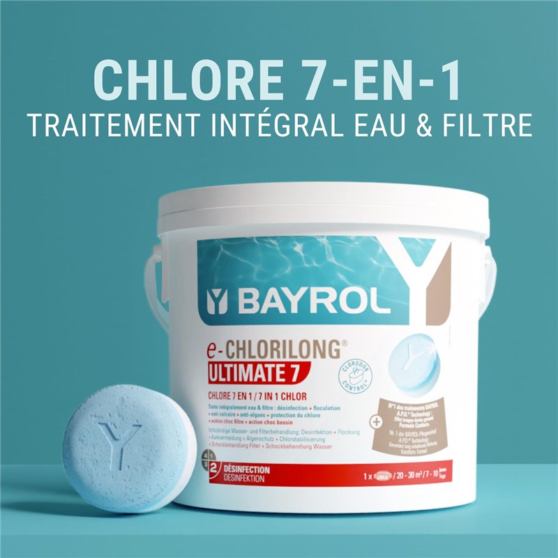 Image secondaire de BAYROL e-Chlorilong ULTIMATE7 4,8 kg - Galets de Chlore 300 g bi-Phases avec 7 Fonctions - Désinfection complète et régulière du