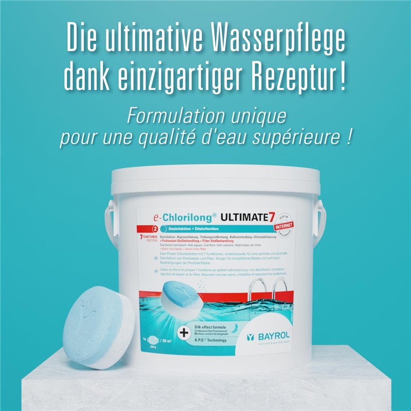 Image secondaire de BAYROL e-Chlorilong ULTIMATE7 10,2 kg - Galets de Chlore 300 g bi-Phases avec 7 Fonctions - Désinfection complète et régulière d