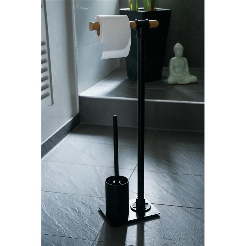 Image secondaire de WENKO Serviteur WC 2en1 Forli, Brosse WC et dérouleur papier toilette sur pied, Acier noir et support papier toilette en bambou,