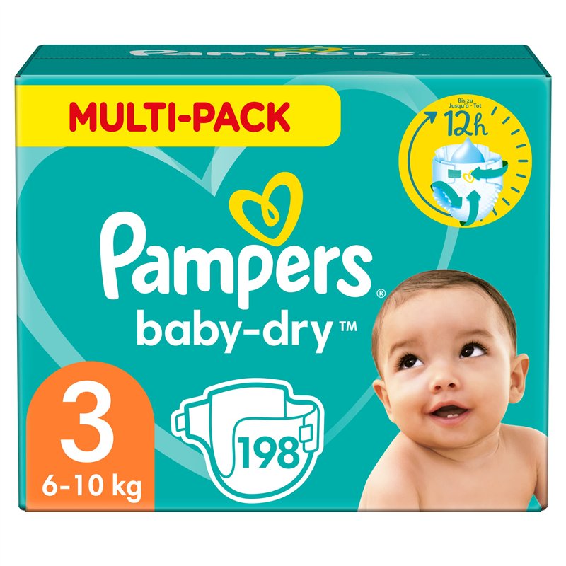 Pampers Couches Taille 3 (6-10 kg), Baby-Dry, 198 Couches Bébé, Pack 1 Mois, Jusqu'à 12h Bien Au Sec et Avec Double-Barrière Ant