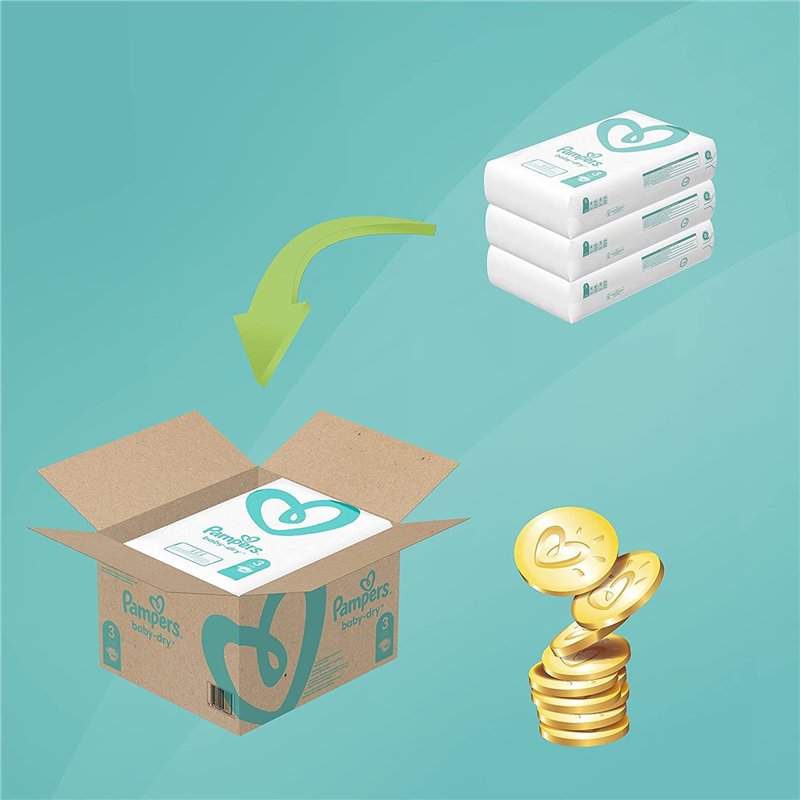 Image secondaire de Pampers Couches Taille 3 (6-10 kg), Baby-Dry, 198 Couches Bébé, Pack 1 Mois, Jusqu'à 12h Bien Au Sec et Avec Double-Barrière Ant