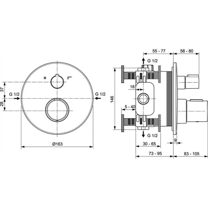 Image secondaire de Ideal Standard CERATHERM T100 Ensemble Thermostatique Bain Douche Rond Encastré Corps et Façade Inverseur Deux Sorties Finition 