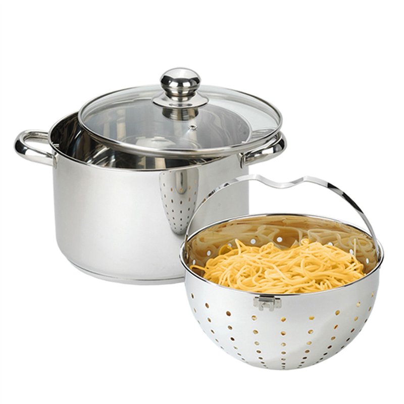 BEYOND Casserole à Pâtes 24 cm Acier Inoxydable - Couvercle en Verre, Passoire Amovible, Compatible Induction, Cuiseur Multifonc