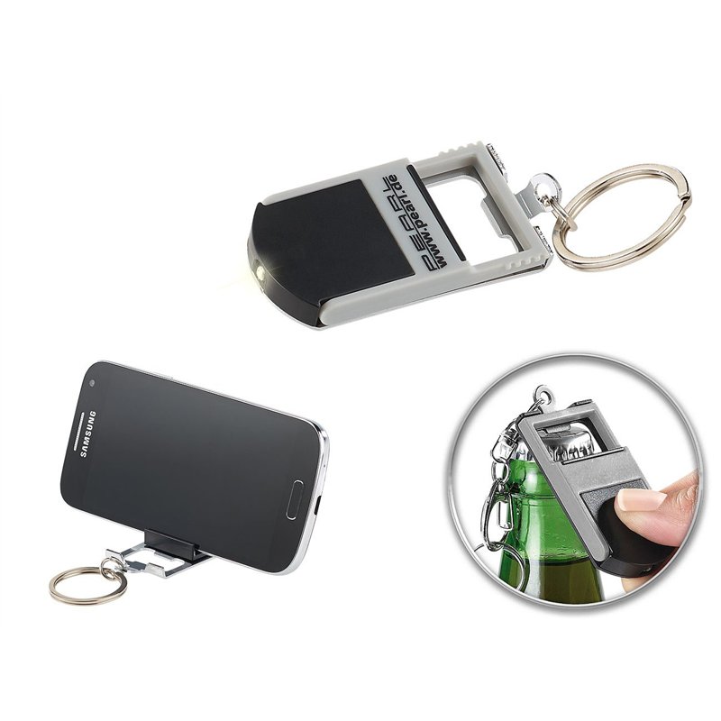 Image secondaire de Porte-clés 3 en 1 : lampe LED, ouvre-bouteille et support pour smartphone [Pearl]