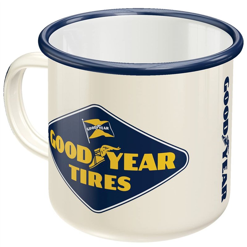 Nostalgic-Art Tasse rétro en émail, Goodyear – Logo White – Idée de cadeau pour fans de voitures et de motos, Mug de camping, De
