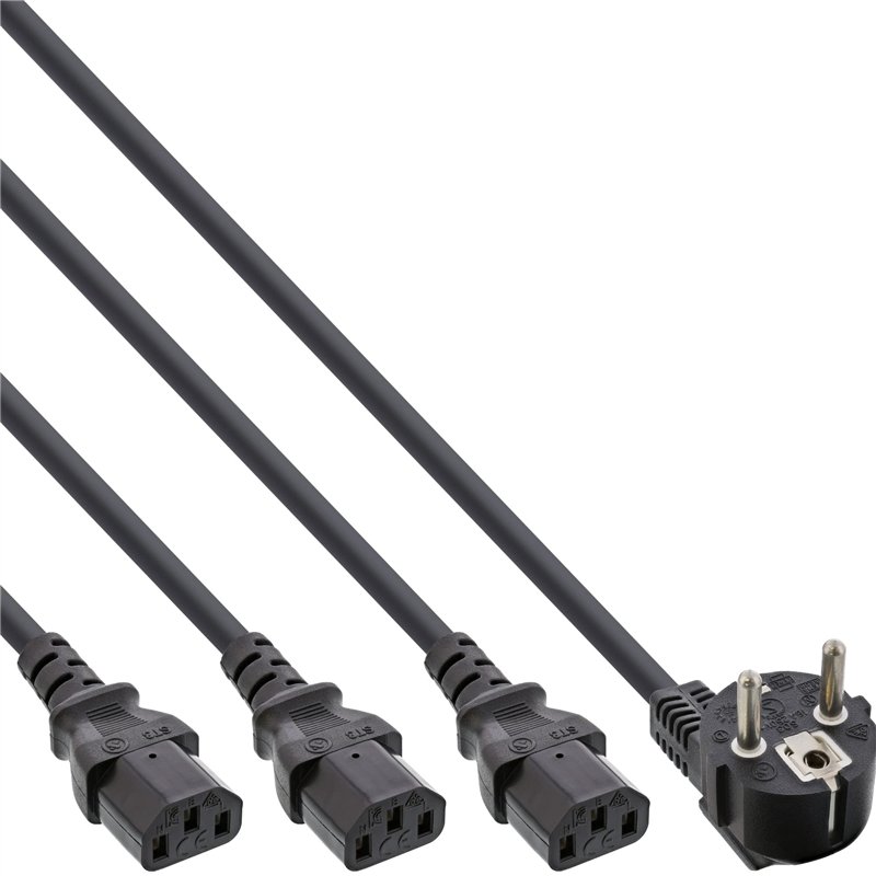 InLine Câble d'alimentation Y avec 1 fiche mâle Type F et 3 fiches Femelles Type C14 Noir