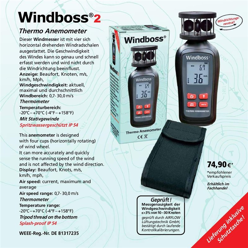 Image secondaire de Windboss® Anémomètre avec thermomètre pour le surf, la voile, le kitesurf et toutes les autres activités avec vent. Avec filetag