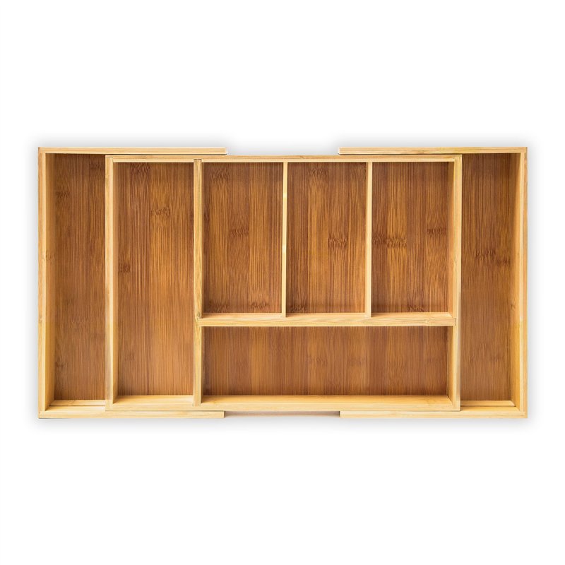 Relaxdays Plateau à couverts extensible HBT 5 x 48,5 x 28 cm, insert à couverts en bambou avec 5 à 7 compartiments comme organis