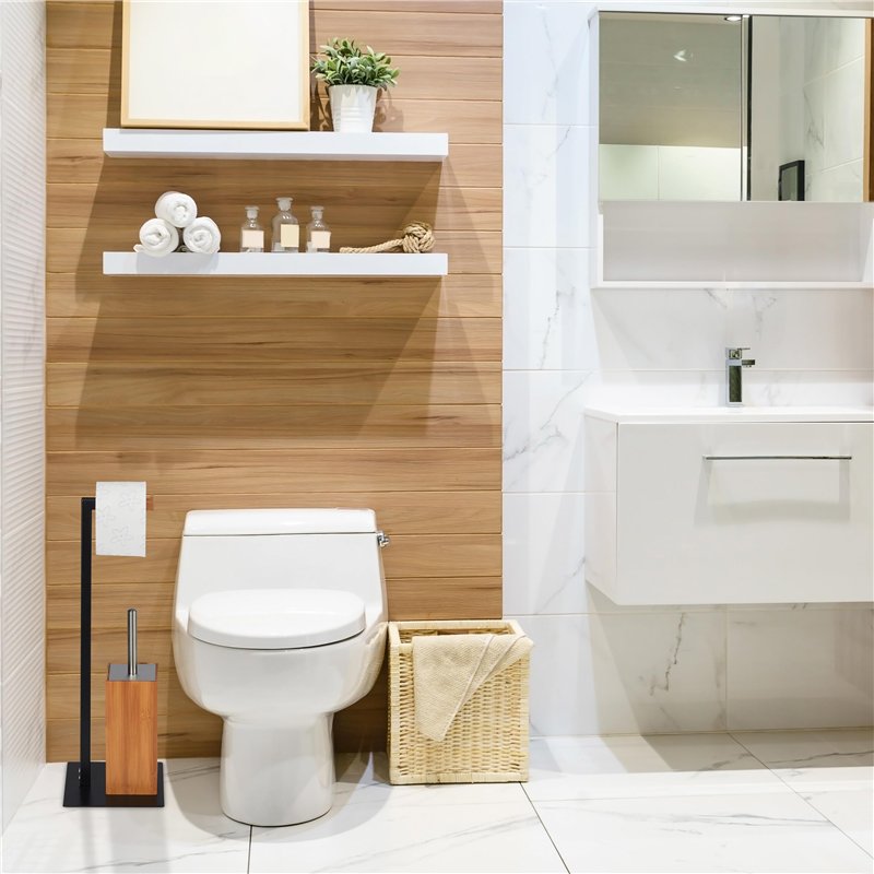 Image secondaire de Relaxdays Brosse dérouleur Papier, Ensemble WC, Bambou & métal, Accessoire Toilette, 60x20x20 cm, Nature/Noir, 1 élément