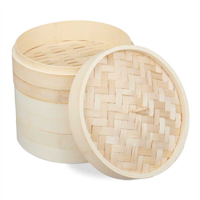 Relaxdays cuiseur vapeur bambou, panier asiatique avec 3 étages, pour Dim Sum, riz, bamboo steamer, Ø 24 cm, nature
