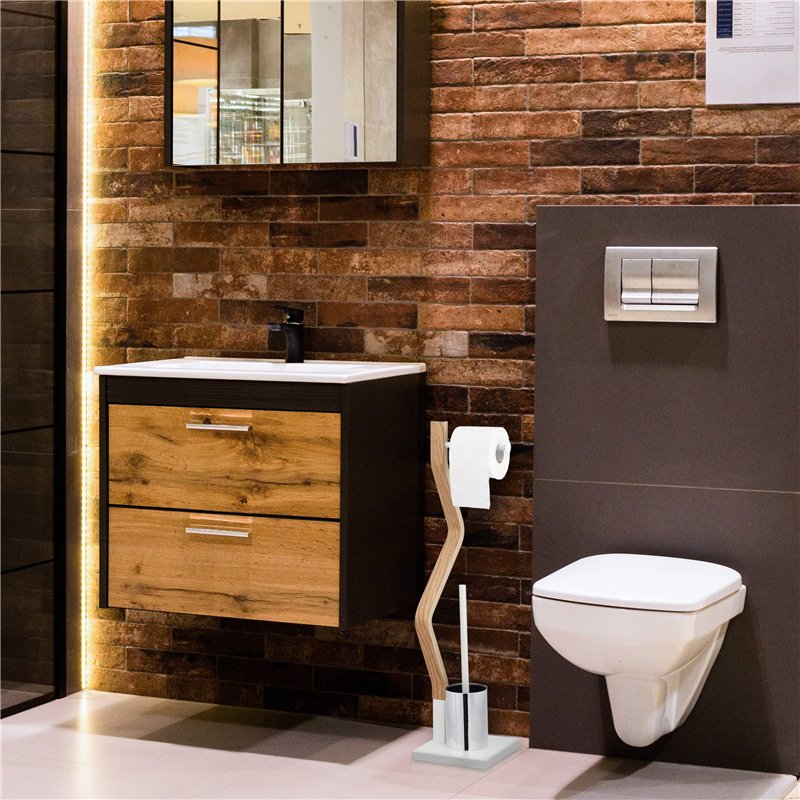 Image secondaire de relaxdays Brosse WC et dérouleur Papier, Ensemble Autonome, Bois et Acier, HLP 75 x 18,5 x 18,5 cm, Blanc/Nature, Plaque de Fibr