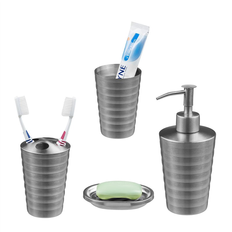 Relaxdays Accessoires de Salle de Bain, 4 pièces, en Acier INOX, Porte-Savon, Distributeur de Savon, gobelets, argenté
