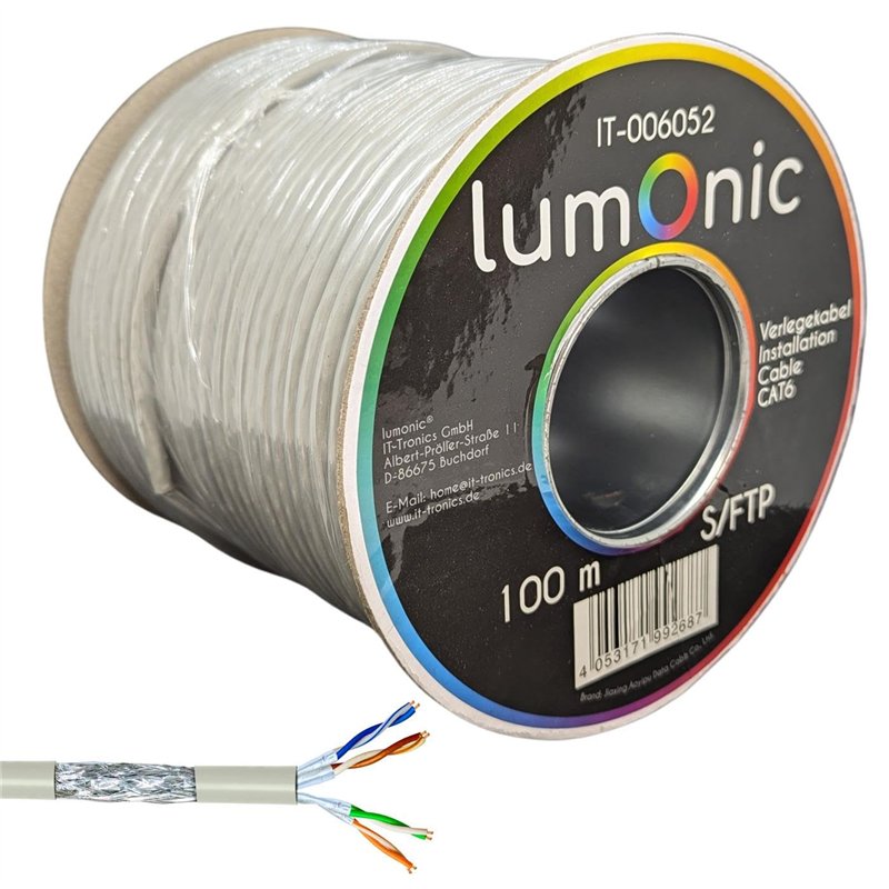 Lumonic 100m câble réseau CAT 6 S/FTP PIMF I Câble Cat6, câble Gigabit Lan, câble Ethernet I Câble de pose flexible blindé, pour