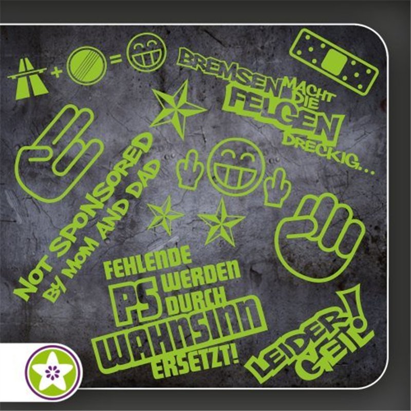 Sticker Bomb Set 01 Lot d'autocollants pour auto avec divers motifs et inscriptions « Bremsen macht die Felgen dreckig », « Fehl