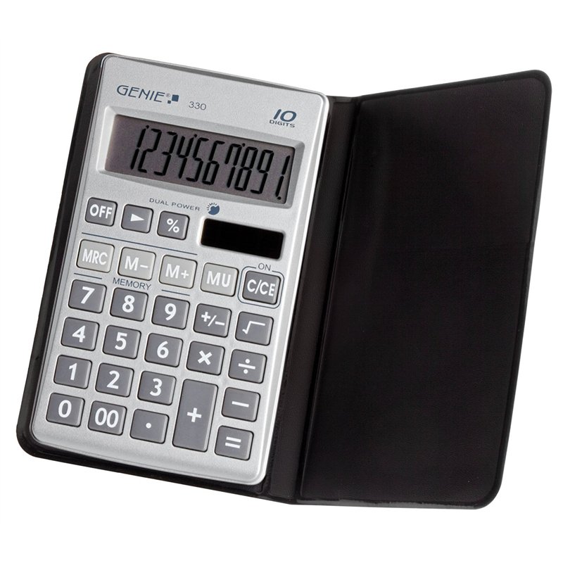 Genie calculatrice 10 chiffres 330 plat avec dual-power (solaire et piles)-avec housse-argent
